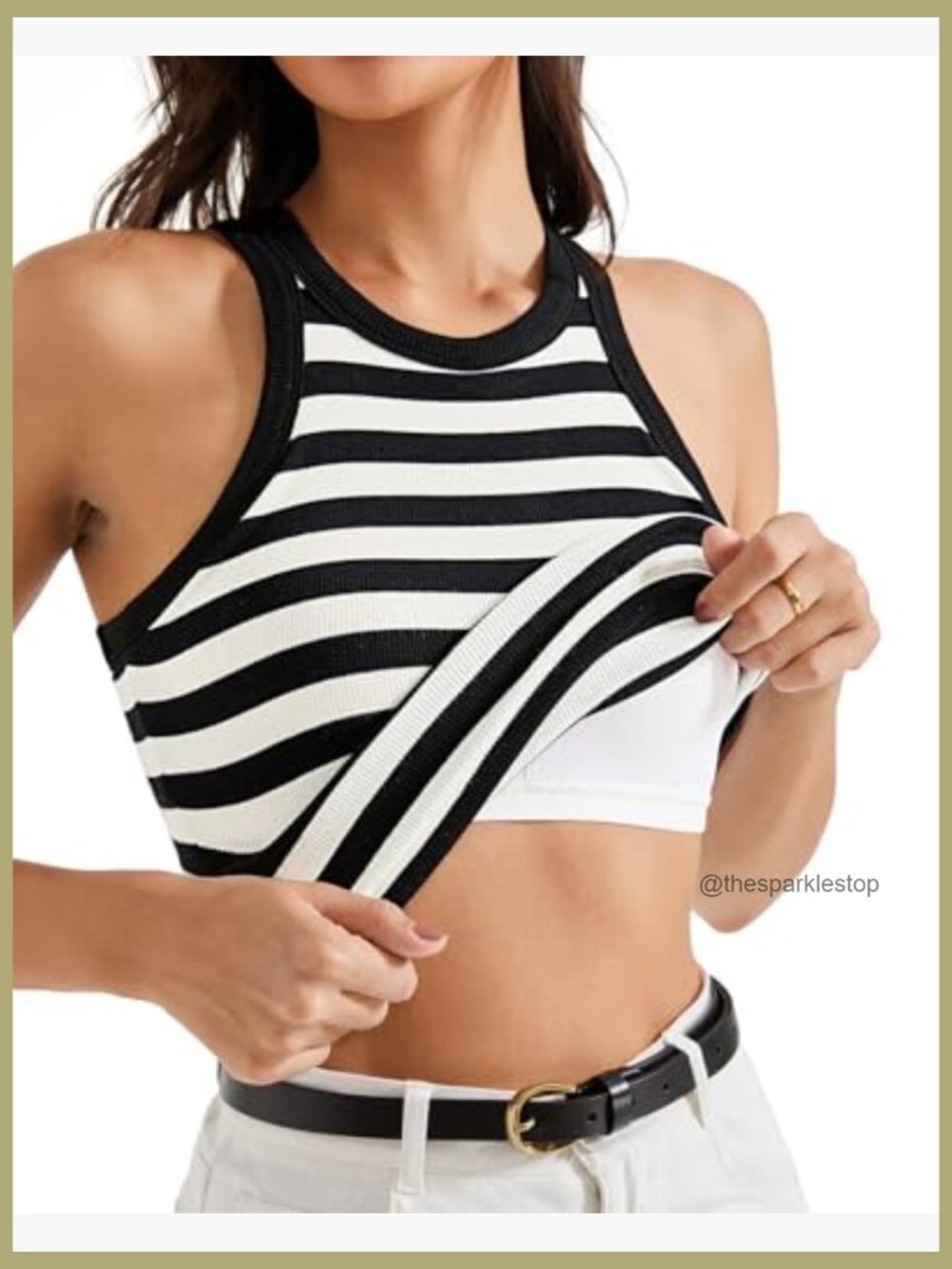 Padded Cotton Ribbed Tank Top High Neck Racerback Basic Top - Picture 3 of 7